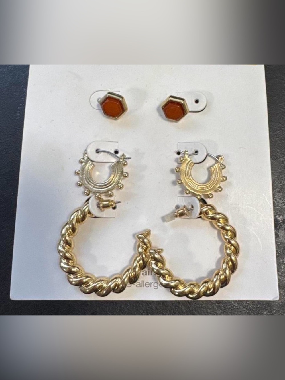 Time and Tru Gold and Orange Earring Set - Hoops, Textured Crescents & Hex Studs